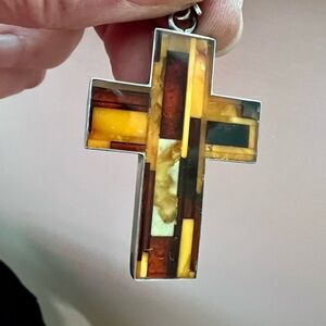 Baltic Amber Sterling Silver Christian Cross Pendant Multiple Inlays 2"